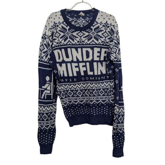 The Office Ugly Christmas Sweater Adult Size Small Blue Dunder Mifflin Paper - Picture 1 of 10